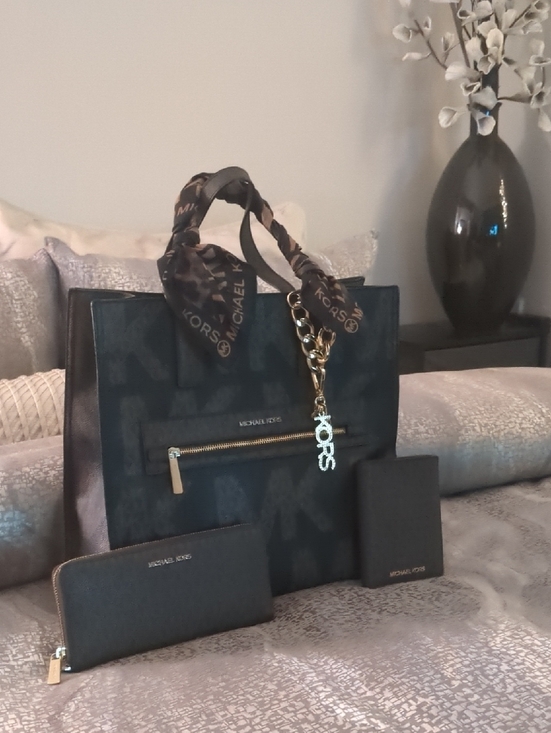 Michael Kors Handbags - 3pc Michael Kors Dark Brown MK Logo Tote with Matching Wallet & Cardholder.